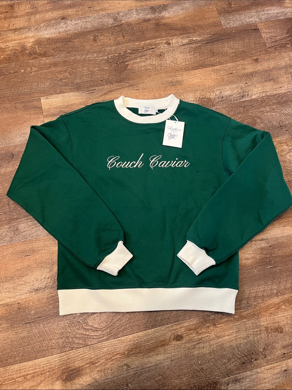 Southern Wives Club sweatshirt in dark green with white trim